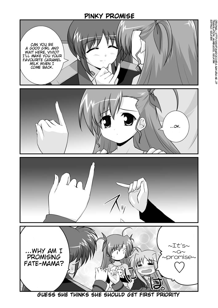 fate testarossa, takamachi nanoha, and vivio (lyrical nanoha and 1 more) drawn by mikage_takashi
