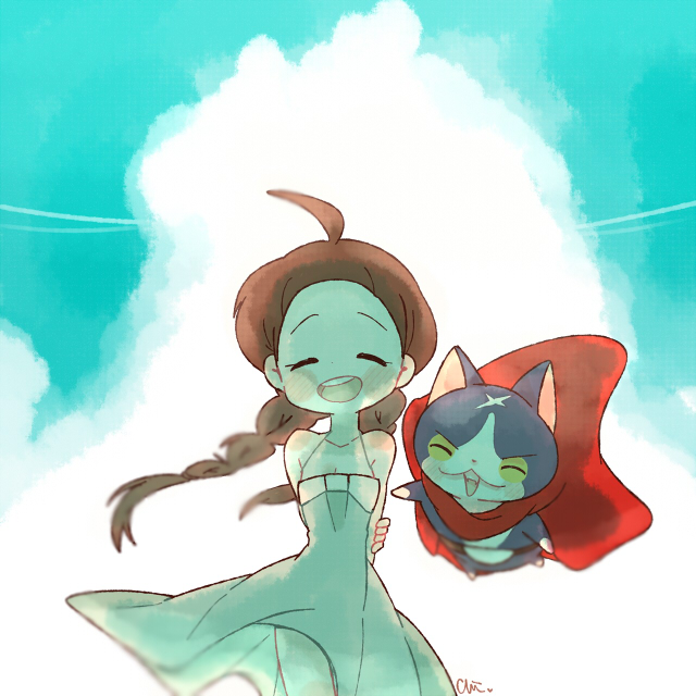 fuyunyan and amano yukiko (youkai watch and 1 more) drawn by chiyoko_(oman1229)