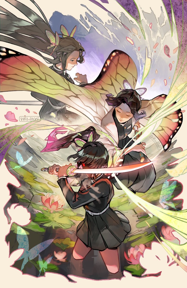kochou shinobu, tsuyuri kanao, and kochou kanae (kimetsu no yaiba) drawn by velinxi
