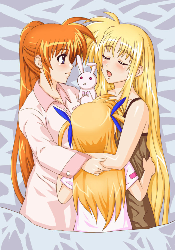 fate testarossa, takamachi nanoha, and vivio (lyrical nanoha and 1 more) drawn by shirogane_kihen