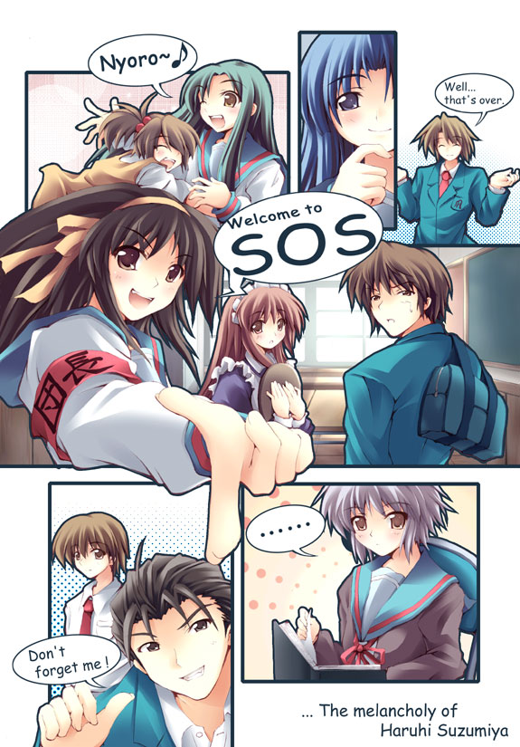 suzumiya haruhi, nagato yuki, asahina mikuru, kyon, asakura ryoko, and 5 more (suzumiya haruhi no yuuutsu) drawn by fuyuwa_kotatsu