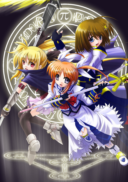 fate testarossa, takamachi nanoha, yagami hayate, raising heart, schwertkreuz, and 1 more (lyrical nanoha and 2 more) drawn by sogobaga