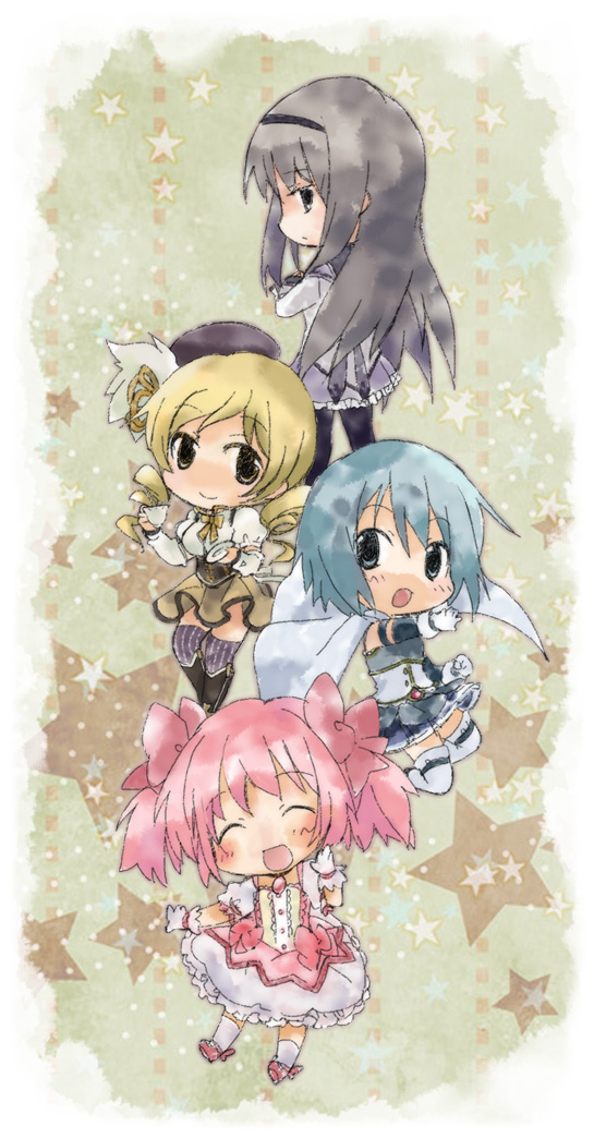akemi homura, kaname madoka, miki sayaka, and tomoe mami (mahou shoujo madoka magica) drawn by rikuta