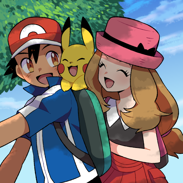 pikachu, ash ketchum, and serena (pokemon and 1 more) drawn by moyori
