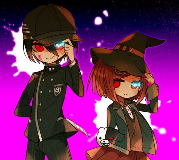 saihara shuichi, monokuma, and yumeno himiko (danganronpa and 1 more) drawn by akebi_(kakororo)