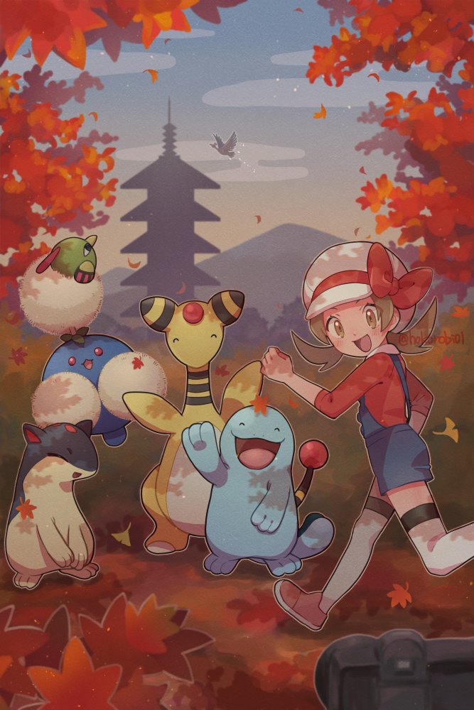 lyra, ampharos, ho-oh, quagsire, jumpluff, and 2 more (pokemon and 1 more) drawn by s_(happycolor_329)