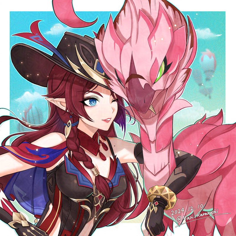 chasca and qucusaurus (genshin impact) drawn by karanashi_mari