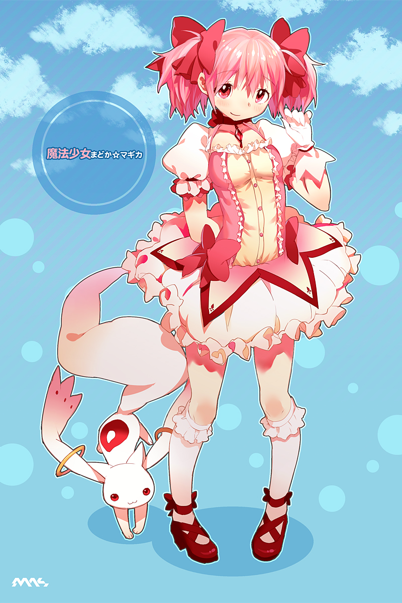 kaname madoka and kyubey (mahou shoujo madoka magica) drawn by mhk_(mechamania)