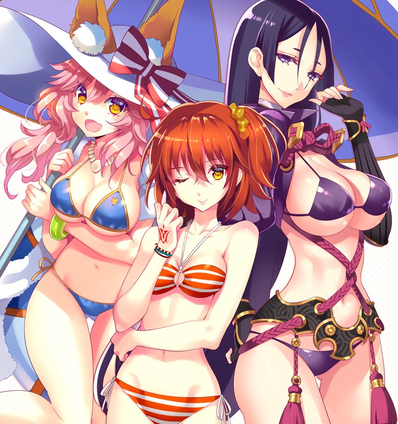 fujimaru ritsuka, tamamo, minamoto no raikou, and tamamo no mae (fate and 1 more) drawn by nishimura_eri