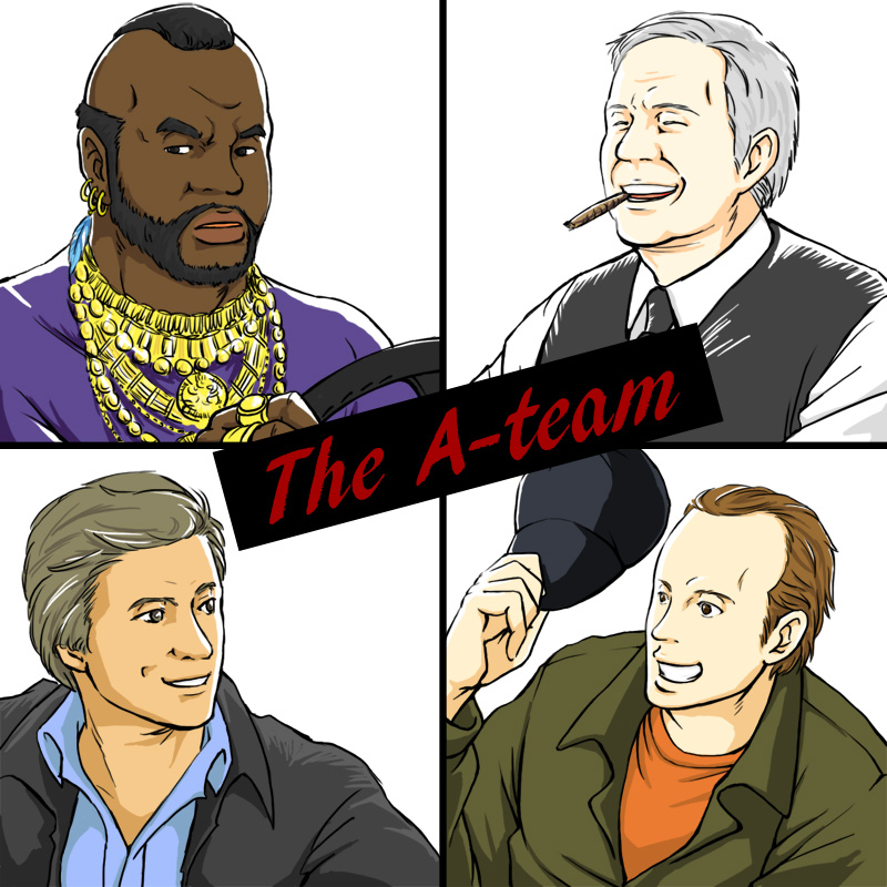 john "hannibal" smith, b.a. baracus, mr t, h.m. "howling mad" murdock, and templeton "faceman" peck (the a-team) drawn by kayu_(ichigogayu)