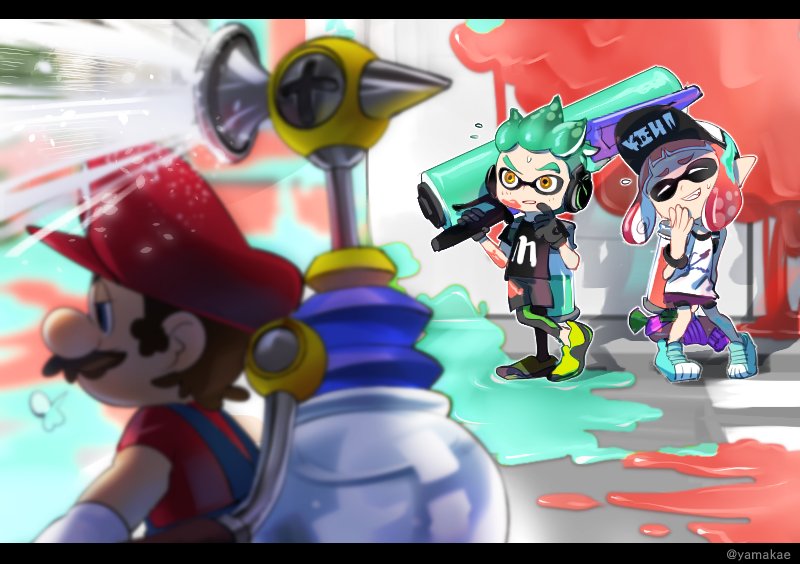inkling player character, inkling girl, mario, inkling boy, and f.l.u.d.d. (splatoon and 3 more) drawn by kaekae