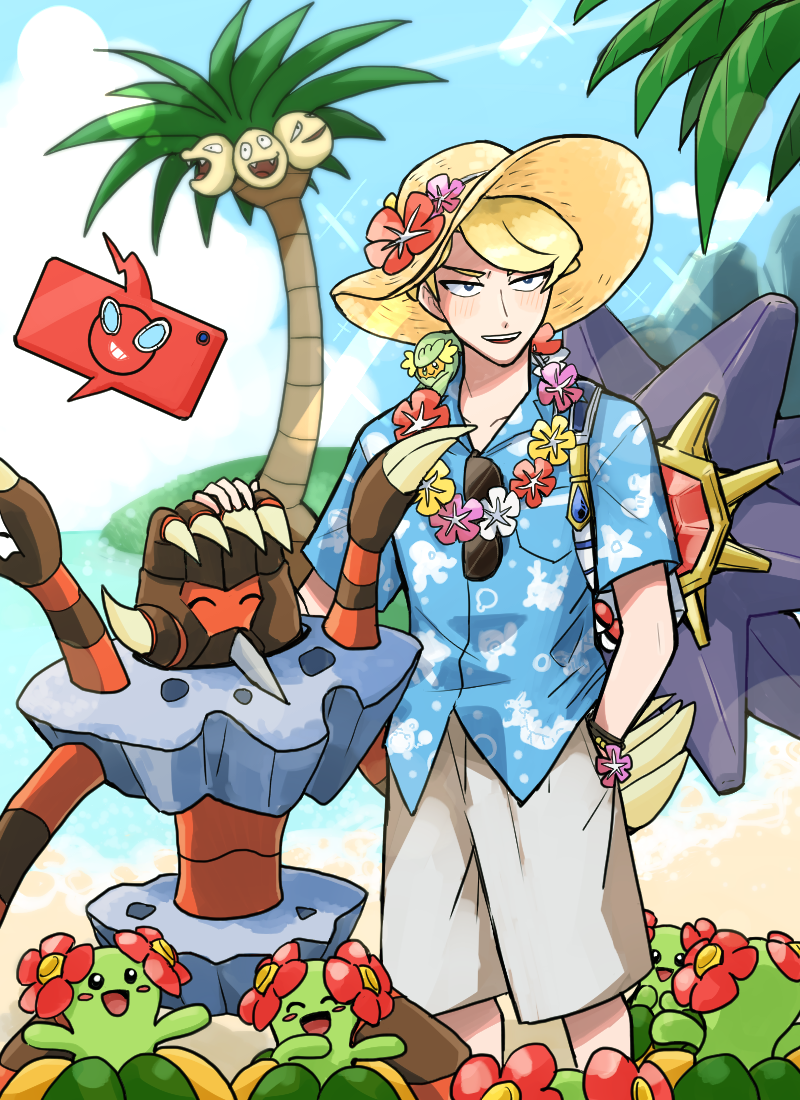 rotom, rotom phone, starmie, alolan exeggutor, comfey, and 3 more (pokemon and 1 more) drawn by opuchi0930