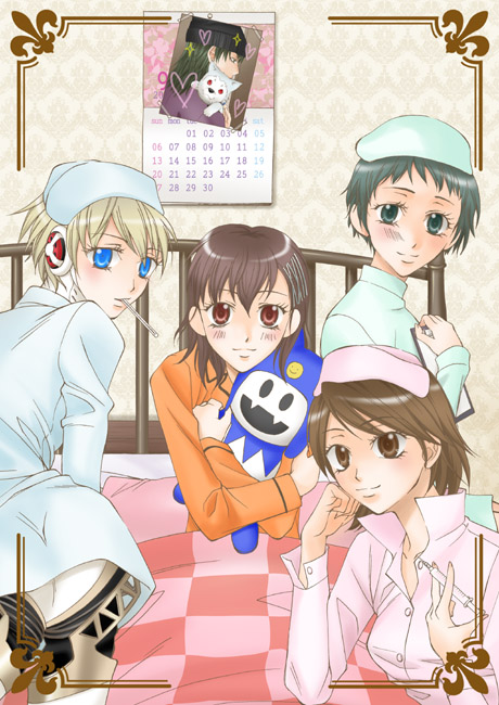 aigis, shiomi kotone, takeba yukari, yamagishi fuuka, aragaki shinjirou, and 2 more (persona and 2 more) drawn by maro_(ardimallo)