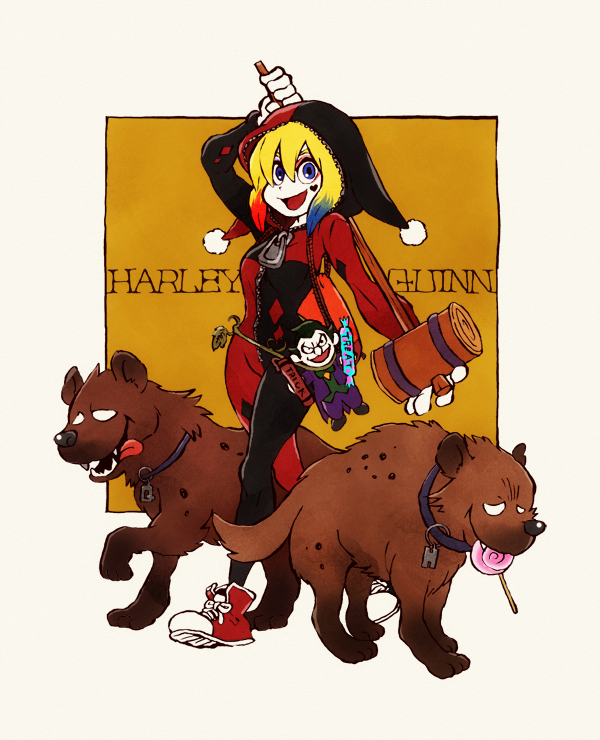 harley quinn, joker, and bud and lou (dc comics and 1 more) drawn by motoko_(gege1216)
