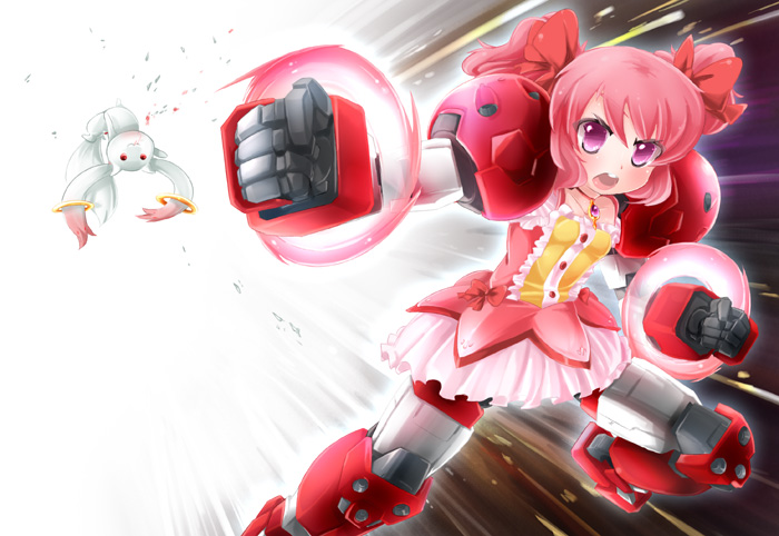 kaname madoka, kyubey, gundam age-1, and gundam age-1 titus (mahou shoujo madoka magica and 2 more) drawn by naik