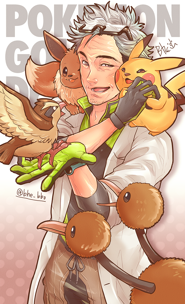 pikachu, eevee, pidgey, doduo, and professor willow (pokemon and 1 more) drawn by bohe