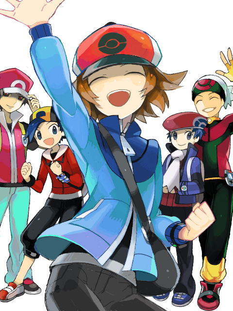 red, ethan, hilbert, brendan, and lucas (pokemon and 6 more) drawn by santou_suihei