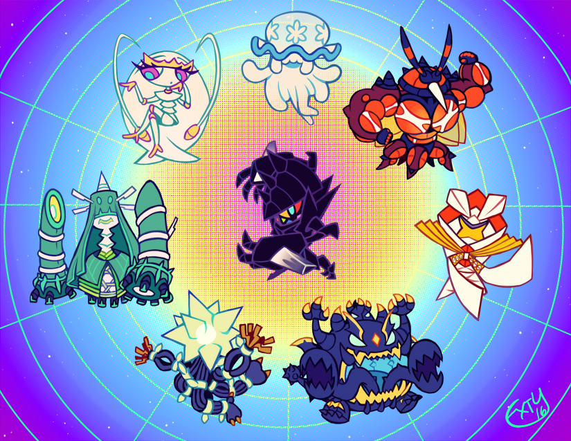 nihilego, pheromosa, buzzwole, necrozma, xurkitree, and 3 more (pokemon) drawn by extyrannomon