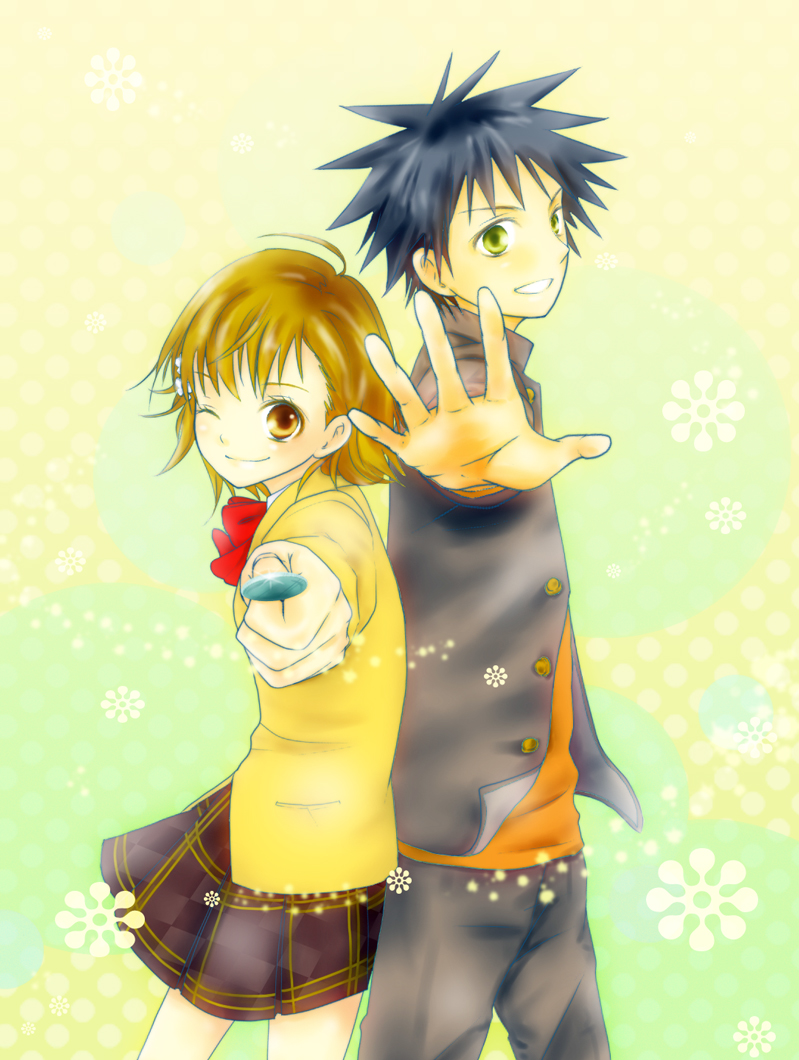 misaka mikoto and kamijou touma (toaru majutsu no index and 1 more) drawn by kodenai