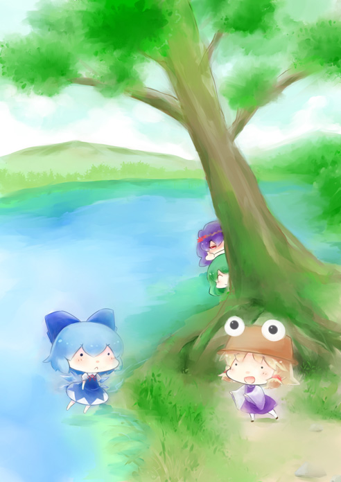 kochiya sanae, cirno, moriya suwako, and yasaka kanako (touhou) drawn by hinata_yuu