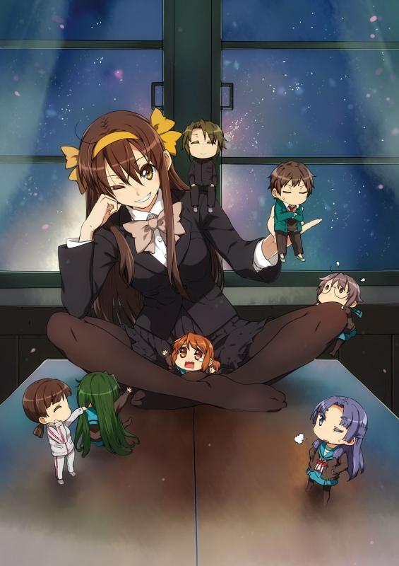 suzumiya haruhi, nagato yuki, asahina mikuru, kyon, asakura ryoko, and 3 more (suzumiya haruhi no yuuutsu and 2 more)