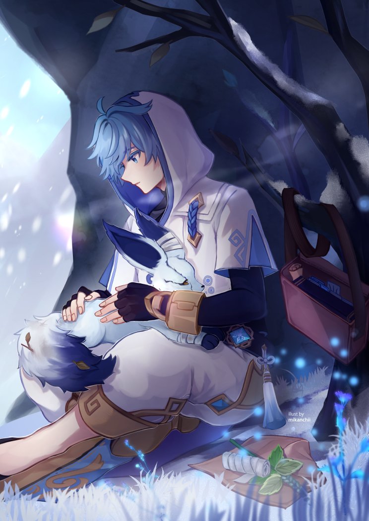 chongyun and snow fox (genshin impact) drawn by mikanchii