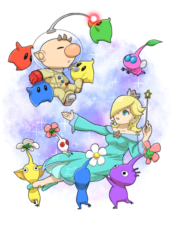 rosalina, olimar, luma, yellow pikmin, blue pikmin, and 6 more (mario and 2 more) drawn by naru_(wish_field)
