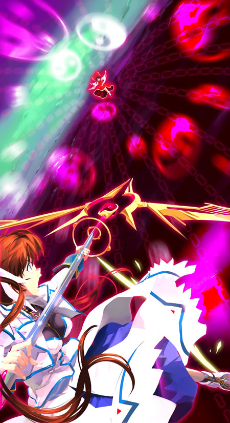 hakurei reimu, takamachi nanoha, and raising heart (touhou and 3 more) drawn by andou_shuki