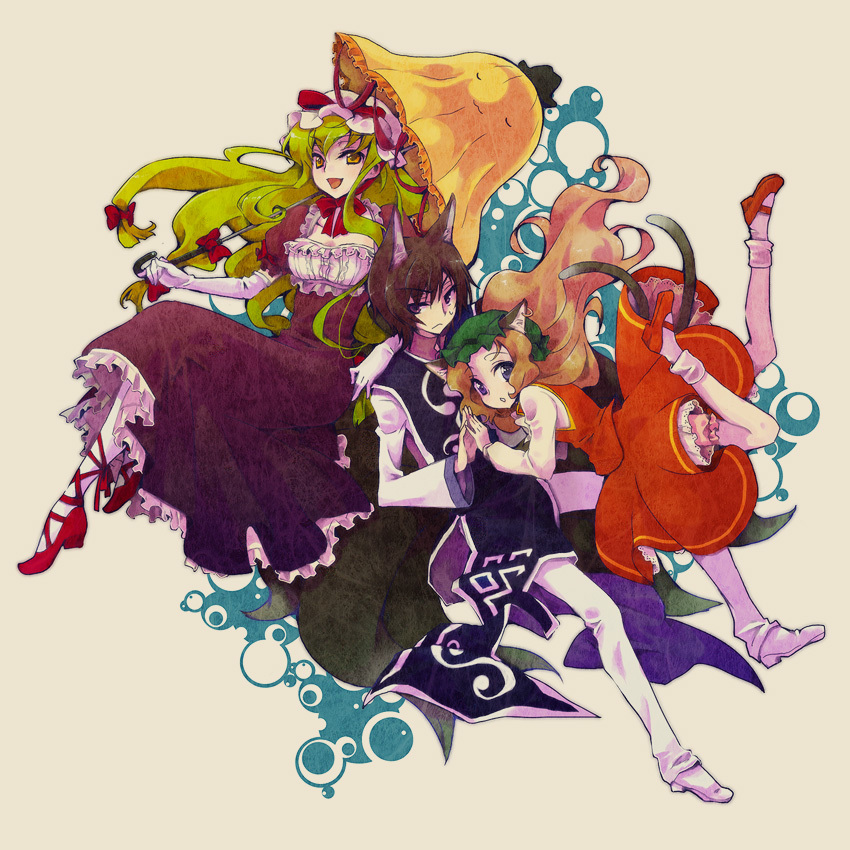 yakumo yukari, yakumo ran, chen, c.c., lelouch vi britannia, and 3 more (touhou and 2 more) drawn by mecco