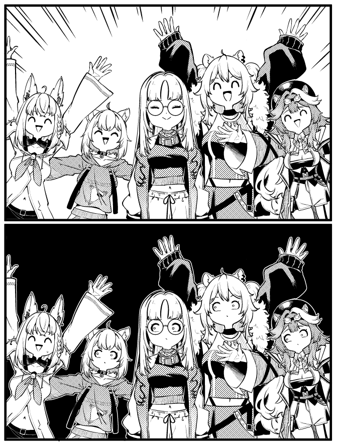 shirakami fubuki, nekomata okayu, shishiro botan, raora panthera, and koganei niko (hololive and 2 more) drawn by zetsuental
