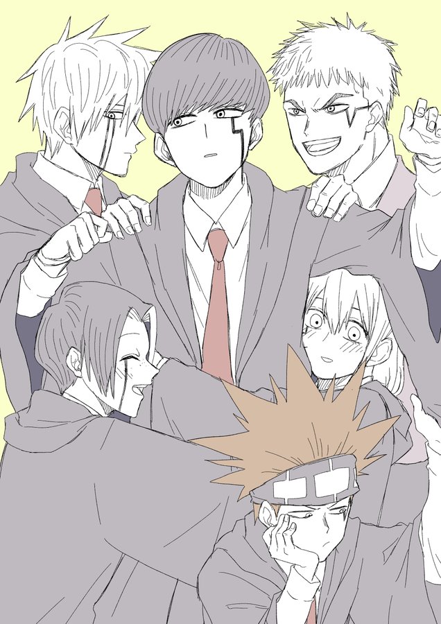 mash burnedead, finn ames, lance crown, lemon irvine, daut barret, and 1 more (mashle) drawn by owari_(azowariaz)