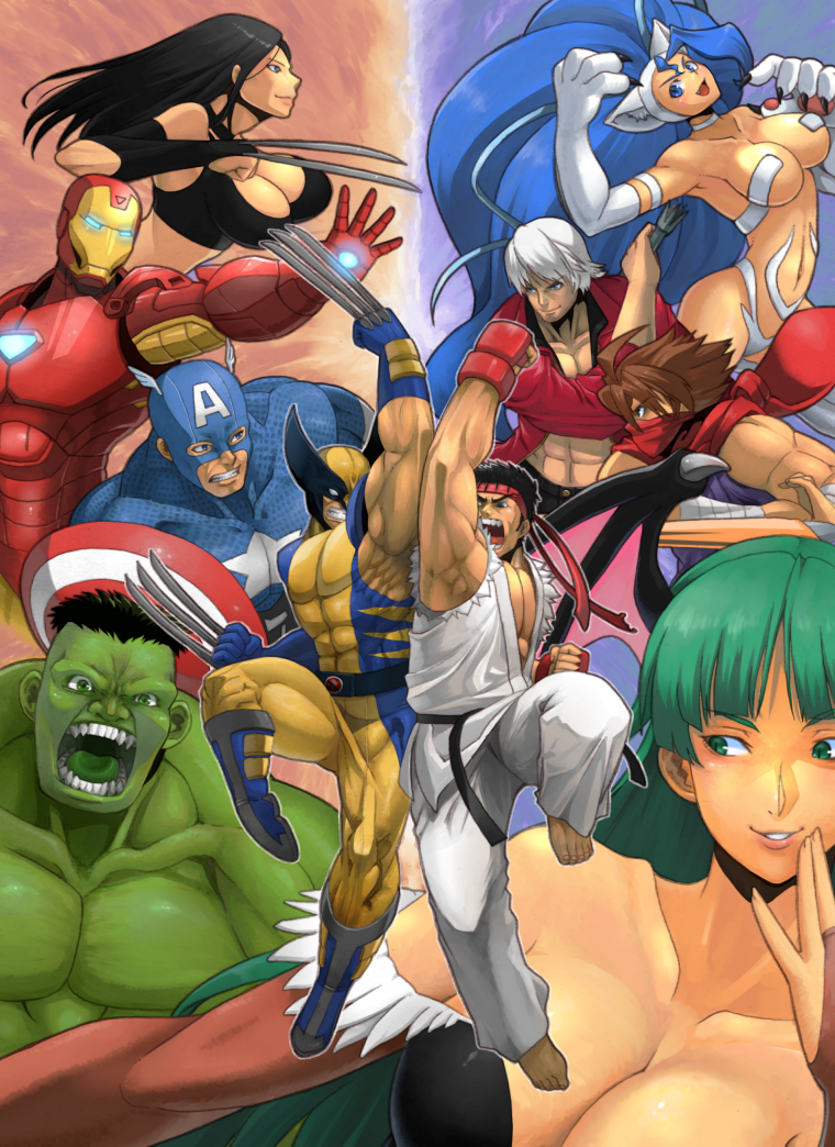 morrigan aensland, ryu, dante, felicia, wolverine, and 9 more (street fighter and 8 more) drawn by kageaki