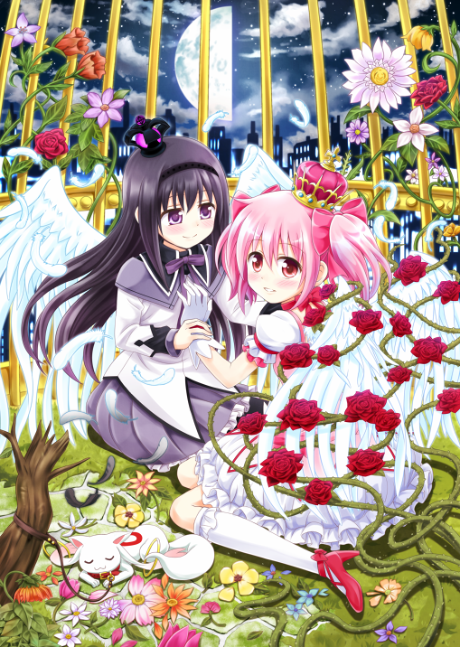 akemi homura, kaname madoka, and kyubey (mahou shoujo madoka magica) drawn by nichika_(nitikapo)