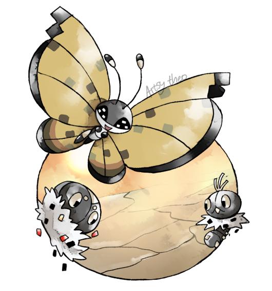 vivillon, spewpa, and scatterbug (pokemon) drawn by artsy-theo