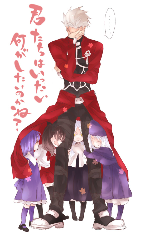 tohsaka rin, illyasviel von einzbern, matou sakura, archer, and caren hortensia (fate and 3 more) drawn by ran_(ran_0605)