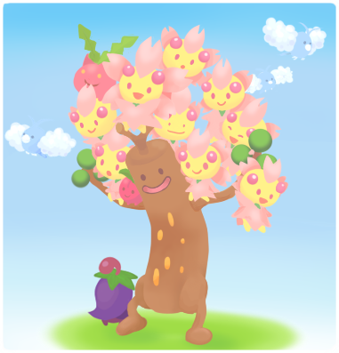 ditto, swablu, hoppip, transformed ditto, cherubi, and 2 more (pokemon) drawn by uwaa