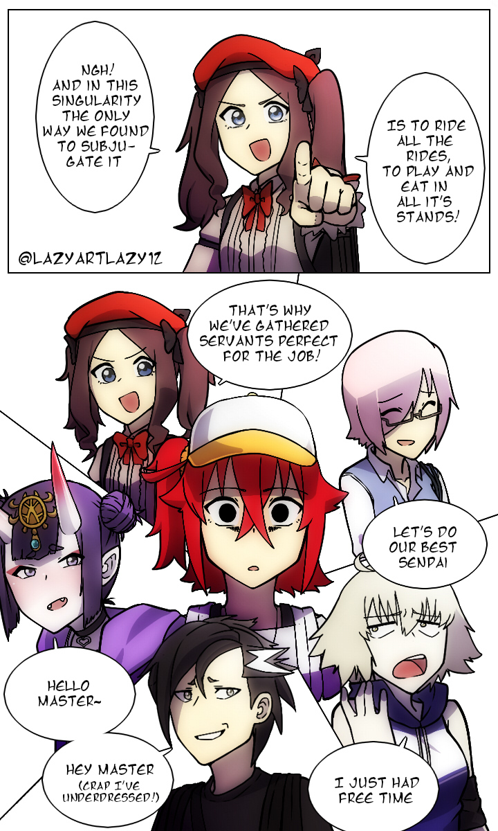 mash kyrielight, fujimaru ritsuka, jeanne d'arc alter, shuten douji, leonardo da vinci, and 1 more (fate and 1 more) drawn by lazyartlazy12 and tyrnickleback