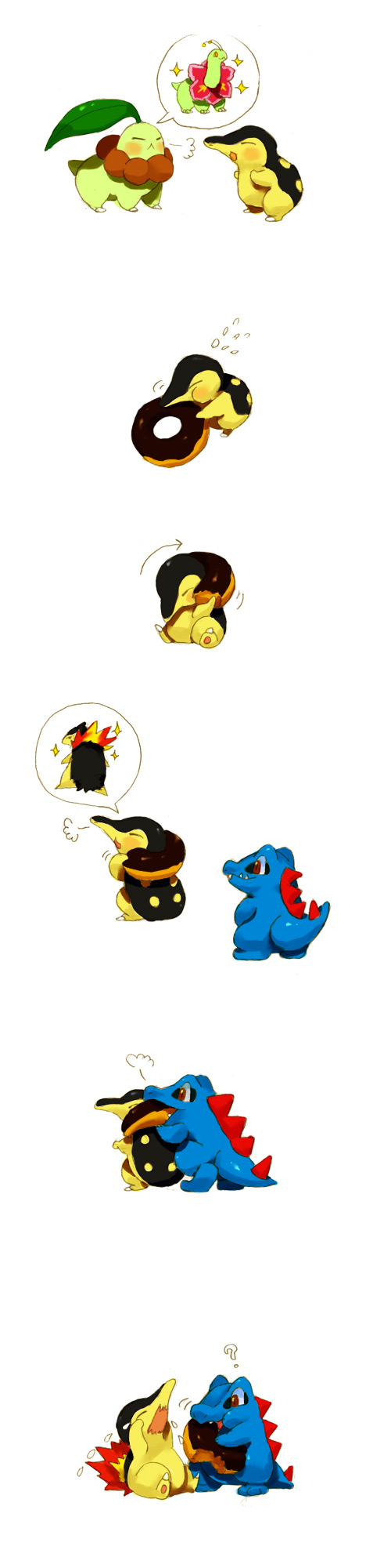 cyndaquil, chikorita, totodile, typhlosion, and meganium (pokemon) drawn by goruti