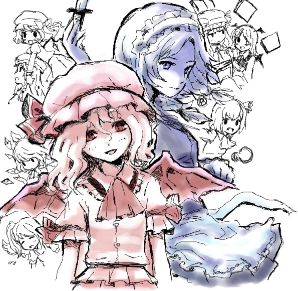 remilia scarlet, flandre scarlet, izayoi sakuya, cirno, patchouli knowledge, and 4 more (touhou and 1 more) drawn by noko_(iamsimply2000)