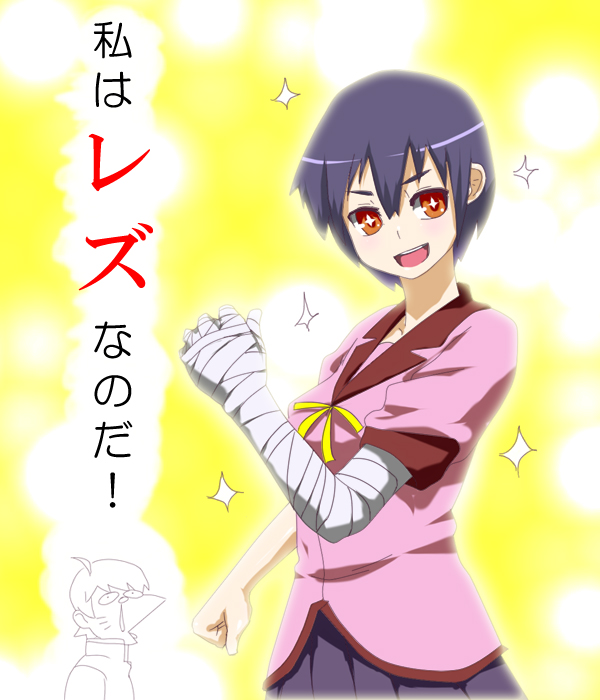 araragi koyomi and kanbaru suruga (monogatari and 1 more) drawn by soubi