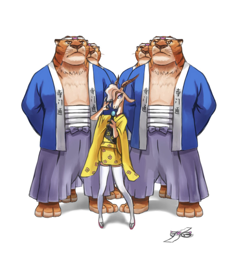 shimura shinpachi, gazelle, terakado tsuu, and tiger dancers (gintama and 1 more) drawn by bei_ju_luoxuan_wan