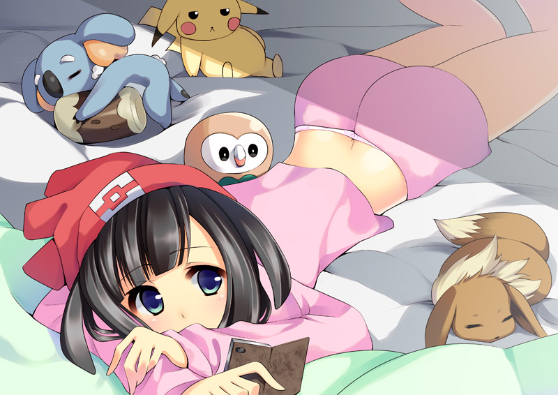 pikachu, eevee, selene, rowlet, and komala (pokemon and 1 more) drawn by murano101
