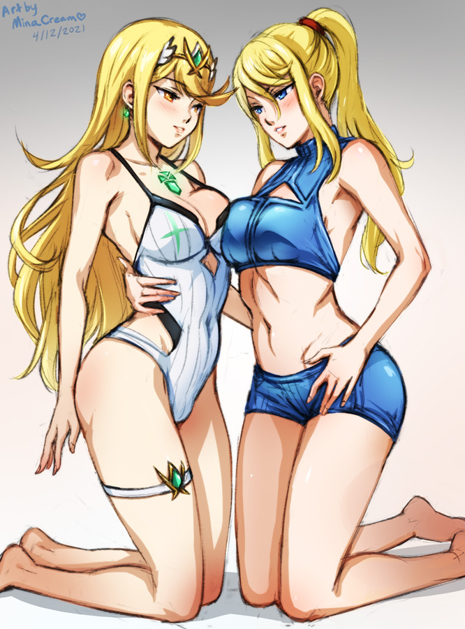 samus aran and mythra (xenoblade chronicles and 3 more) drawn by mina_cream