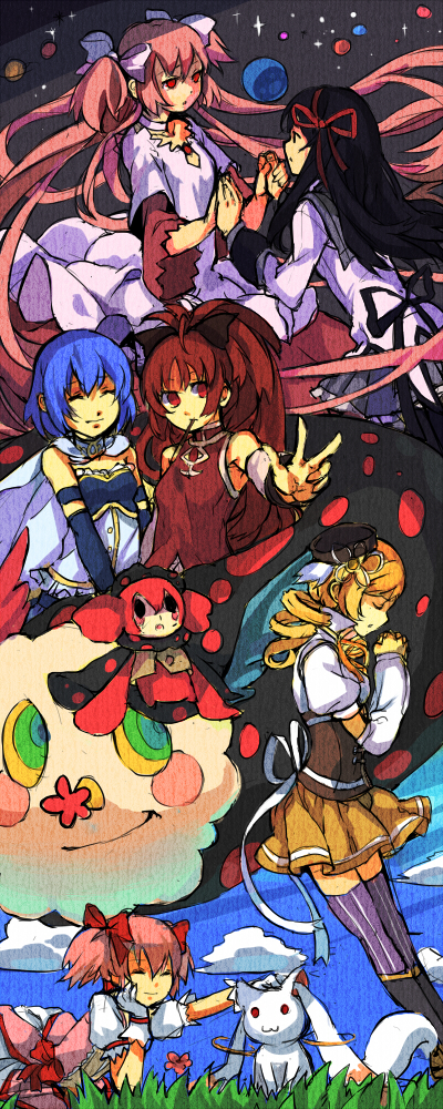 akemi homura, kaname madoka, miki sayaka, sakura kyoko, tomoe mami, and 3 more (mahou shoujo madoka magica) drawn by hikariz