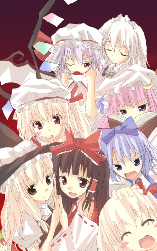 hakurei reimu, kirisame marisa, remilia scarlet, flandre scarlet, izayoi sakuya, and 3 more (touhou) drawn by rikudou_inuhiko