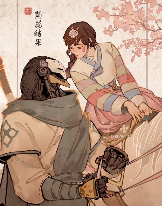 d.va, ramattra, and palanquin d.va (overwatch) drawn by velinxi