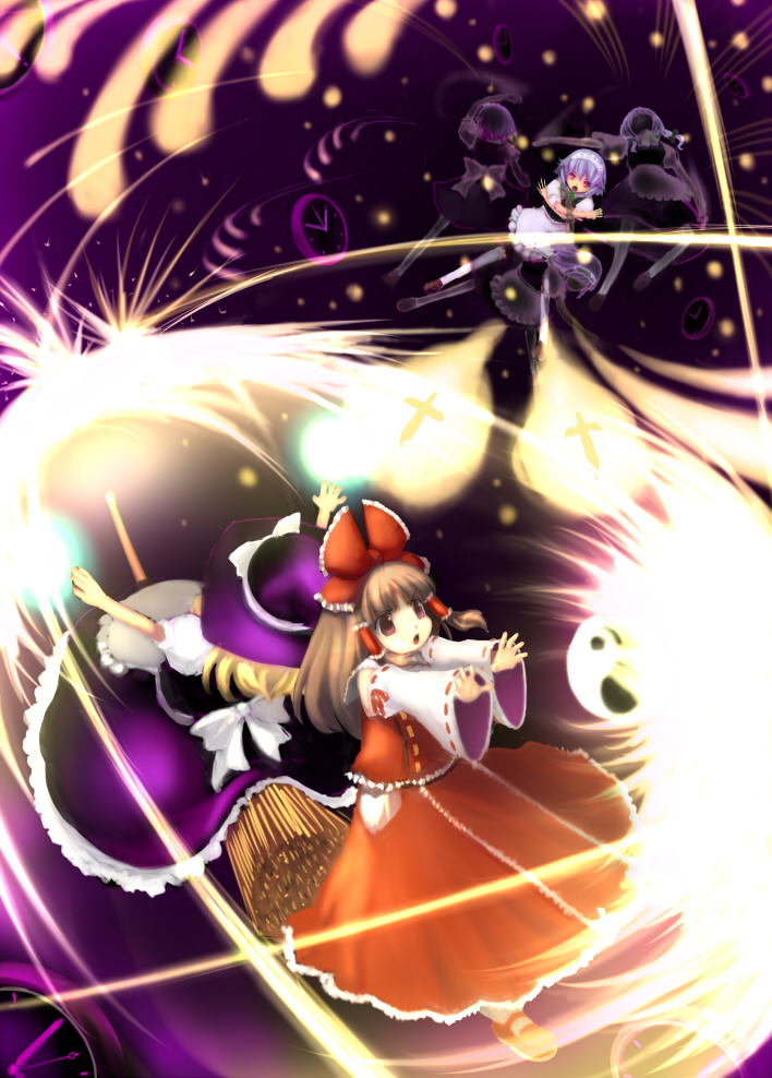 hakurei reimu, kirisame marisa, and izayoi sakuya (touhou) drawn by hirasawa_akito
