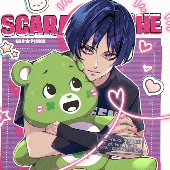 scaramouche, patrick pedraza, and good luck bear (genshin impact and 1 more) drawn by ero_pinku
