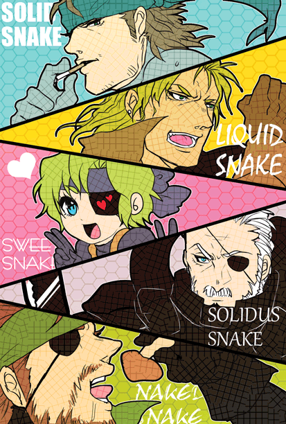 solid snake, naked snake, old snake, and solidus snake (metal gear and 4 more) drawn by torihuhu