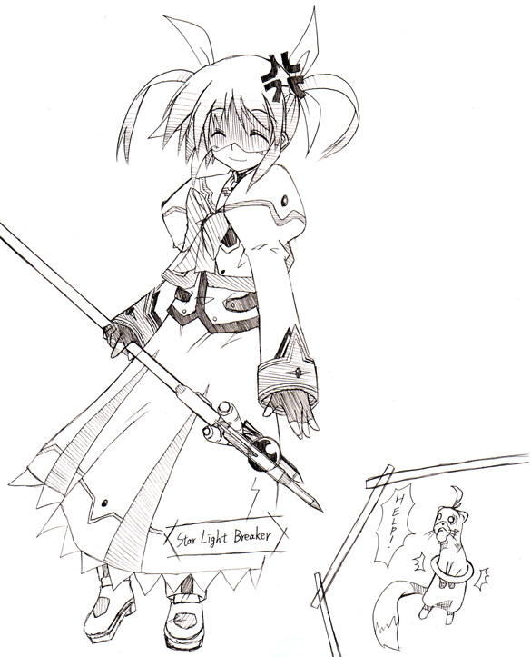 takamachi nanoha, raising heart, and yuuno scrya (lyrical nanoha and 1 more) drawn by yukino_kou